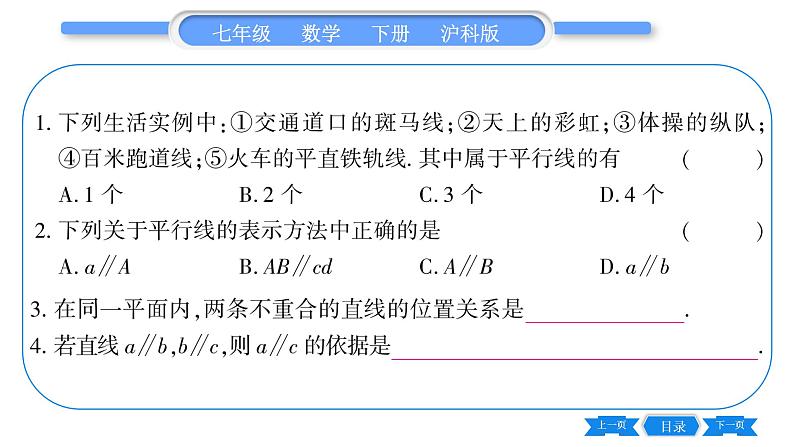 沪科版七年级数学下第10章相交线、平行线与平移10.2 平行线的判定第1课时 与平行线有关的概念及基本事实习题课件06