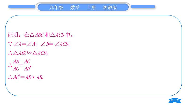 湘教版九年级数学上第3章图形的相似3.4相似三角形的判定与性质小专题(六) 比例式与等积式的证明方法习题课件03