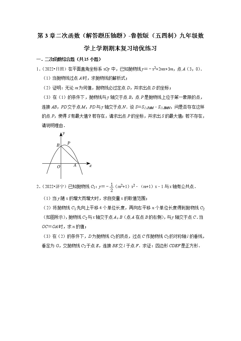 第3章二次函数（解答题压轴题）-鲁教版（五四制）九年级数学上学期期末复习培优练习第1页