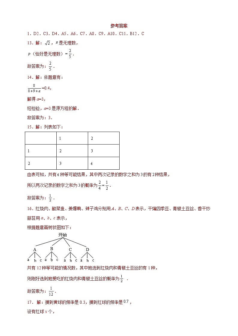 人教版 九上 《概率》单元能力测试卷（四） 原卷+解析01