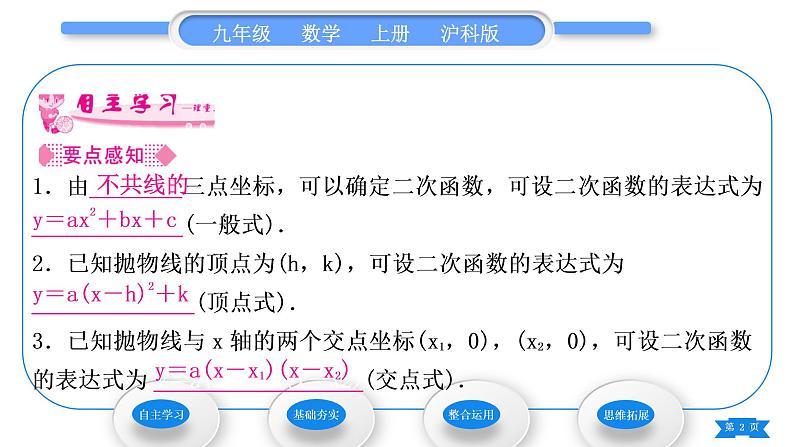 沪科版九年级数学上第21章二次函数与反比例函数21.2二次函数的图象和性质21.2.3二次函数表达式的确定习题课件02