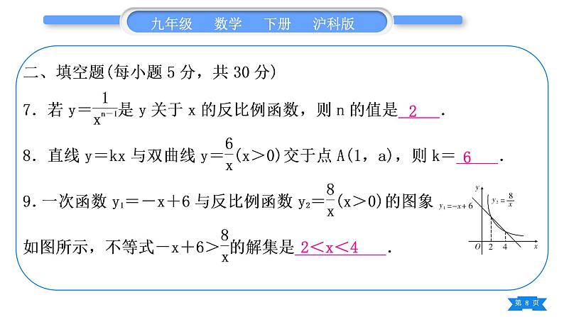 沪科版九年级数学下期末复习专题(二)反比例函数习题课件08