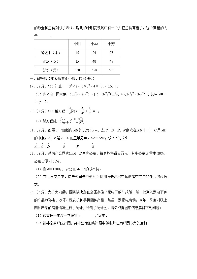 2019-2020学年安徽省马鞍山市七年级（上）期末数学试卷03