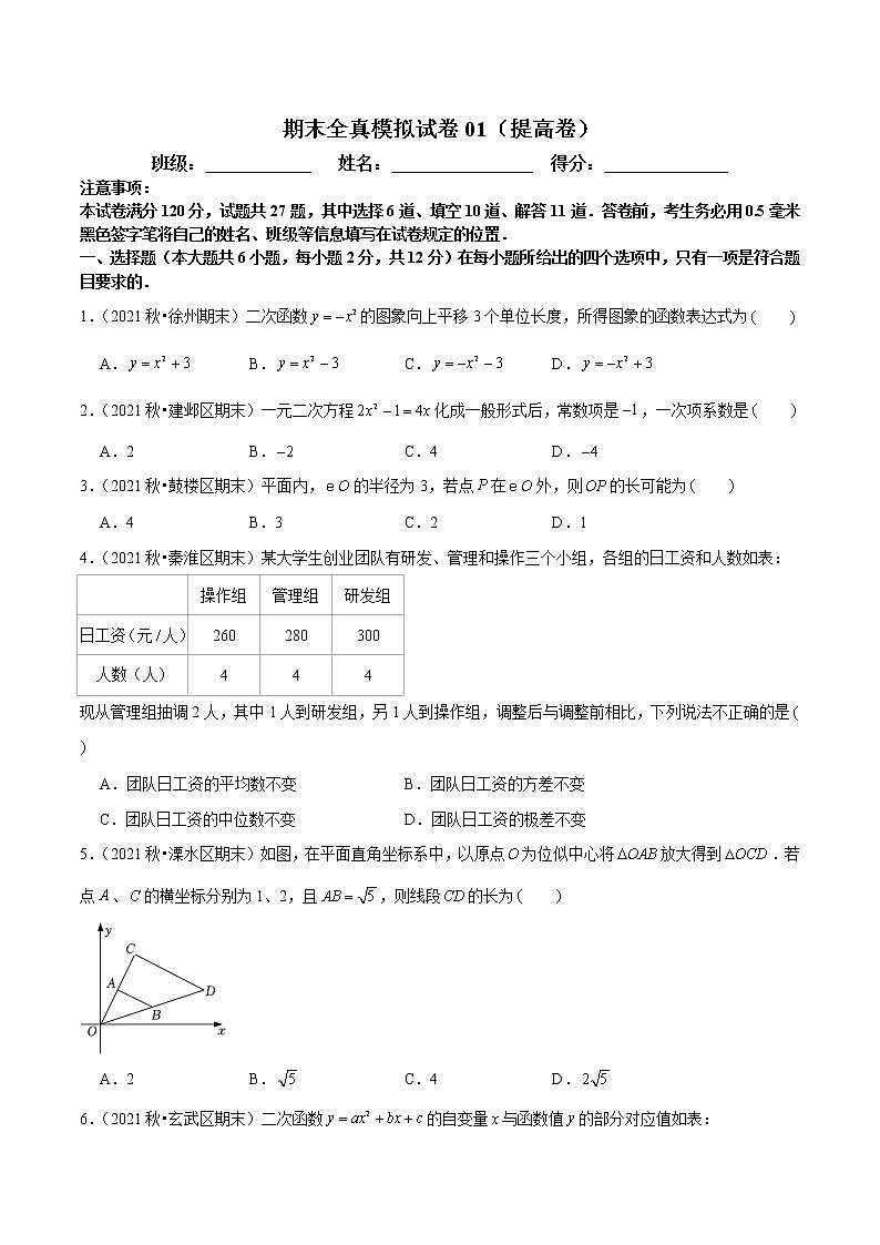 2022-2023学年九年级数学上学期期末全真模拟提高卷第1页