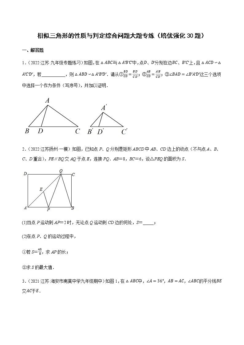 苏科版九年级数学上学期期末复习专题 相似三角形的性质与判定综合问题大题专练第1页