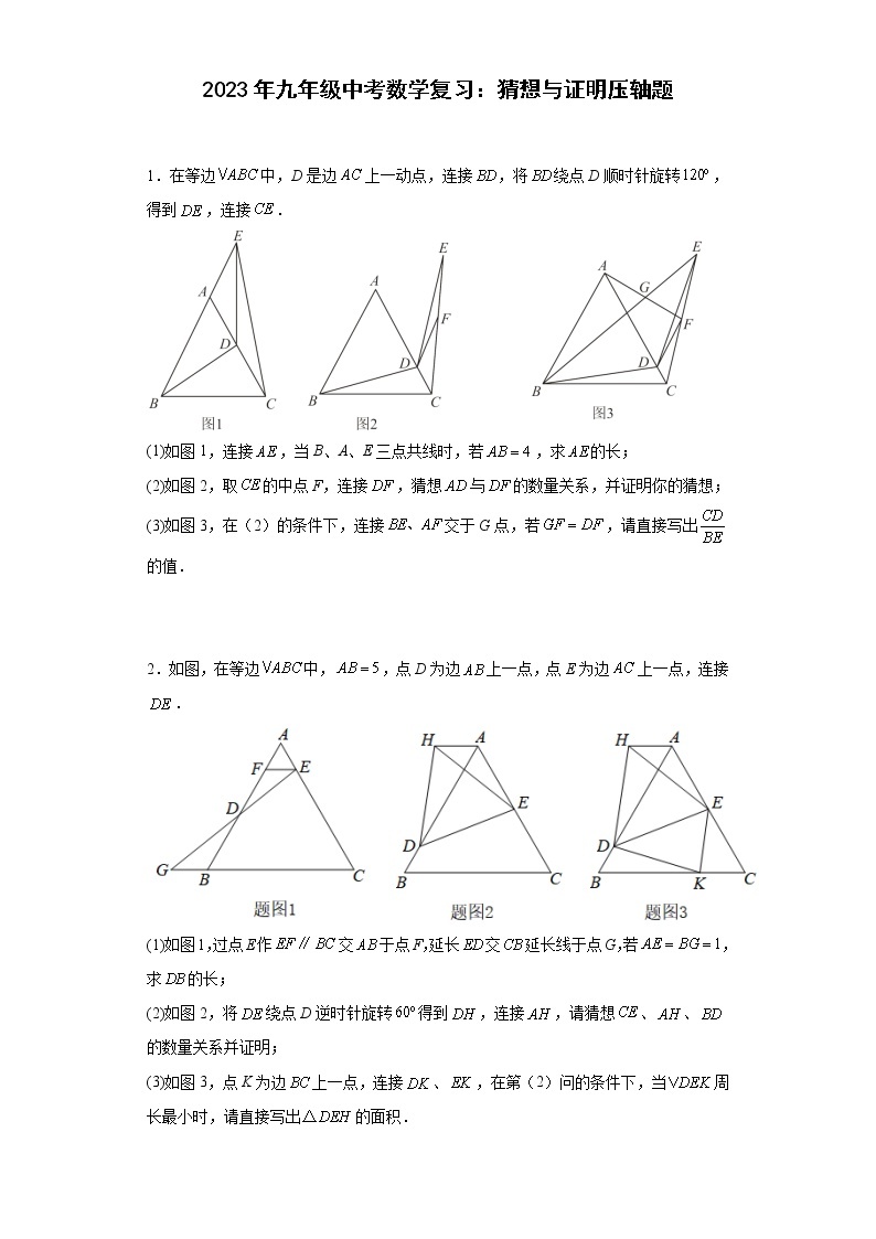 2023年九年级中考数学复习：猜想与证明压轴题01