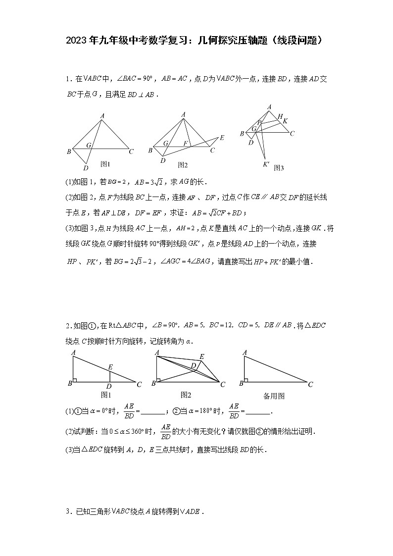 2023年九年级中考数学复习：几何探究压轴题（线段问题）第1页