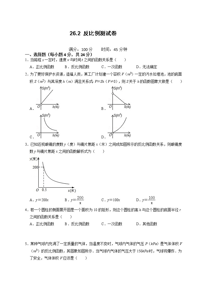 26.2 反比例函数测试卷（原卷+解析卷）-最新九年级数学下册《同步考点解读•专题训练》（人教版）第1页
