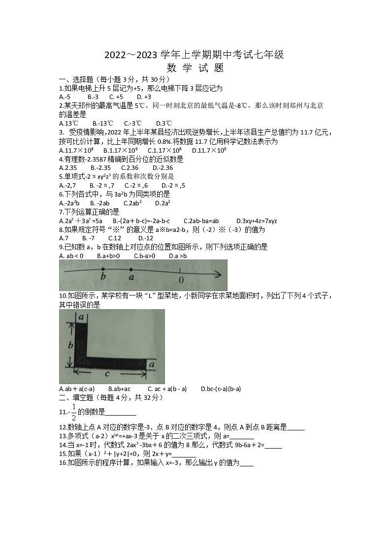 河南省漯河市临颍县2022-2023学年七年级上学期期中考试数学试题第1页