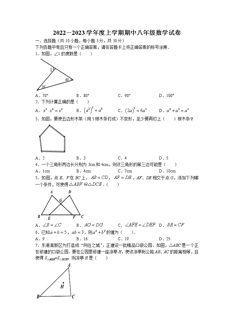 湖北省武汉市东湖高新区2022-2023学年八年级上学期期中数学试卷第1页