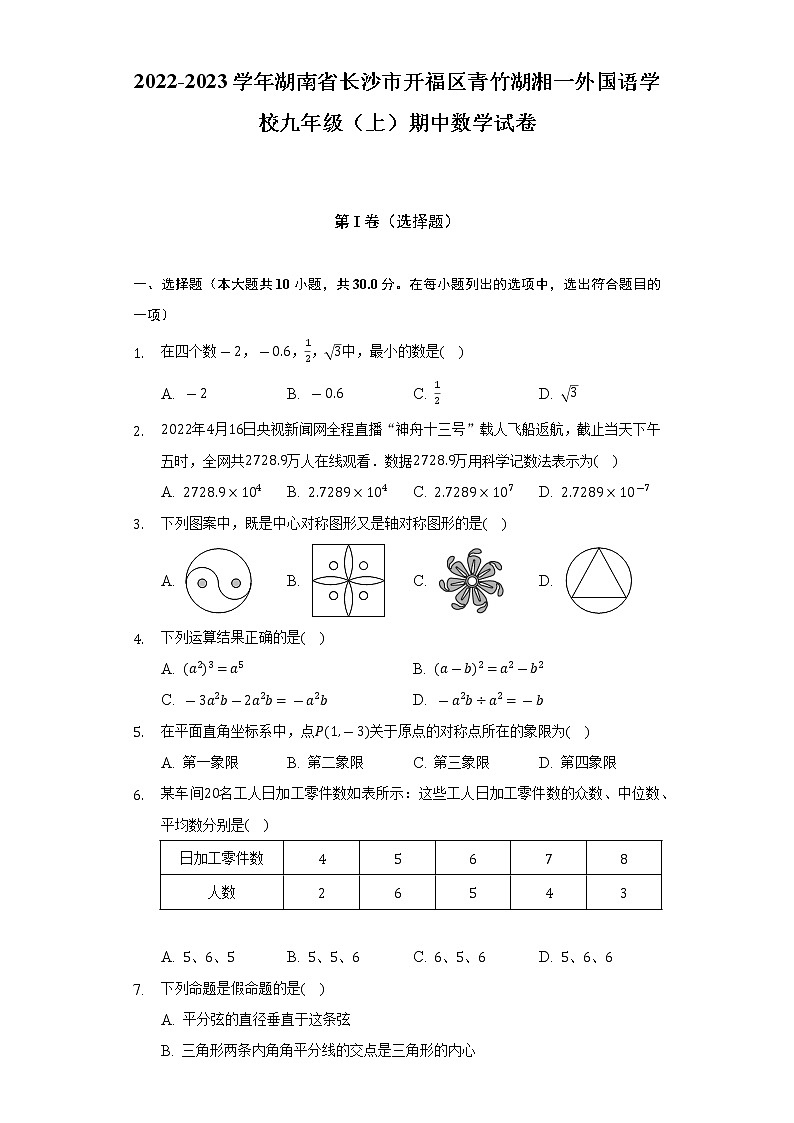 2022-2023学年湖南省长沙市开福区青竹湖湘一外国语学校九年级（上）期中数学试卷（含解析）第1页