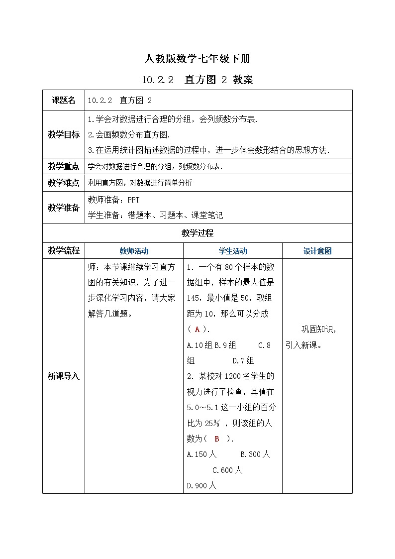 人教版数学七年级下册 10.2.2 《直方图 2》   课件PPT（送教案练习）01
