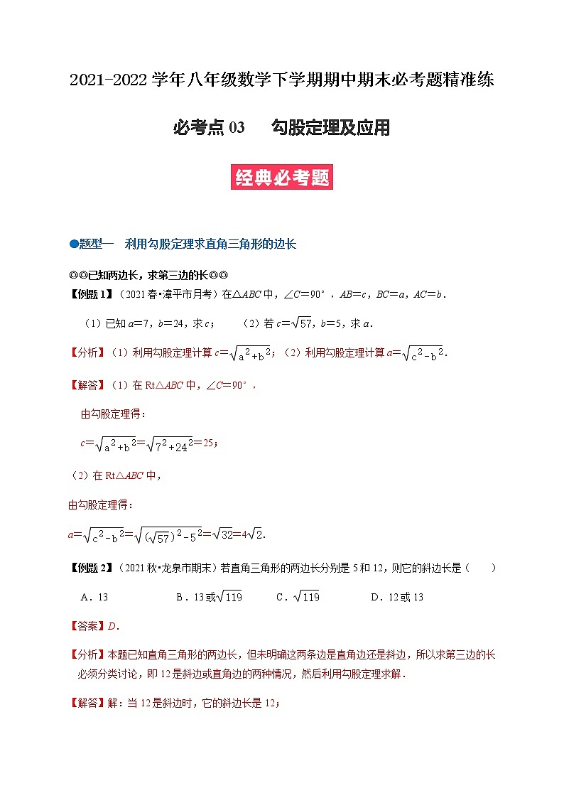 必考点03 勾股定理及应用-【对点变式题】最新八年级数学下学期期中期末必考题精准练（人教版）01