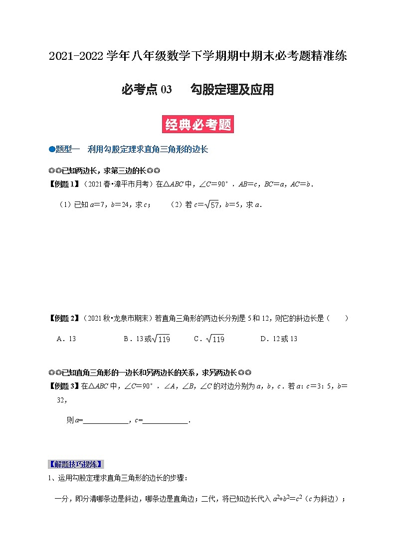 必考点03 勾股定理及应用-【对点变式题】最新八年级数学下学期期中期末必考题精准练（人教版）01