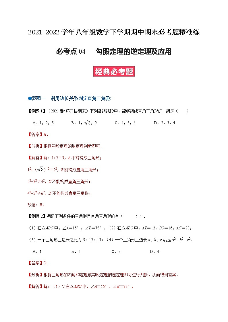 必考点04 勾股逆定理及应用-【对点变式题】最新八年级数学下学期期中期末必考题精准练（人教版）（解析版）第1页