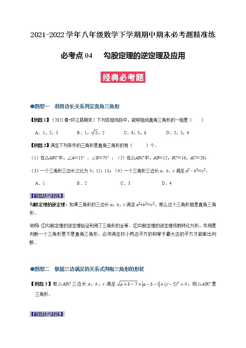 必考点04 勾股逆定理及应用-【对点变式题】最新八年级数学下学期期中期末必考题精准练（人教版）（原卷版）第1页