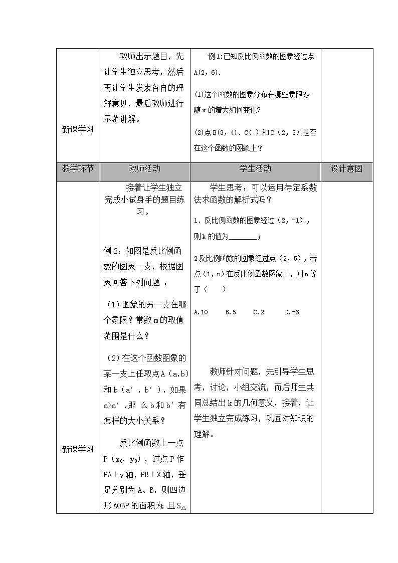 人教版九年级数学下册26.1.2反比例函数的图像和性质第二课时 教案（表格式）第2页