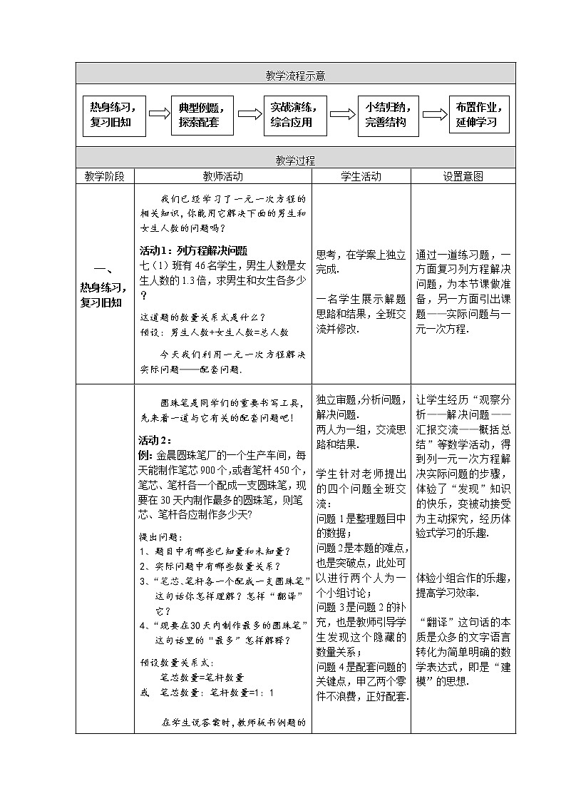 人教版七年级上册《实际问题与一元一次方程——配套问题》教学设计精品第3页