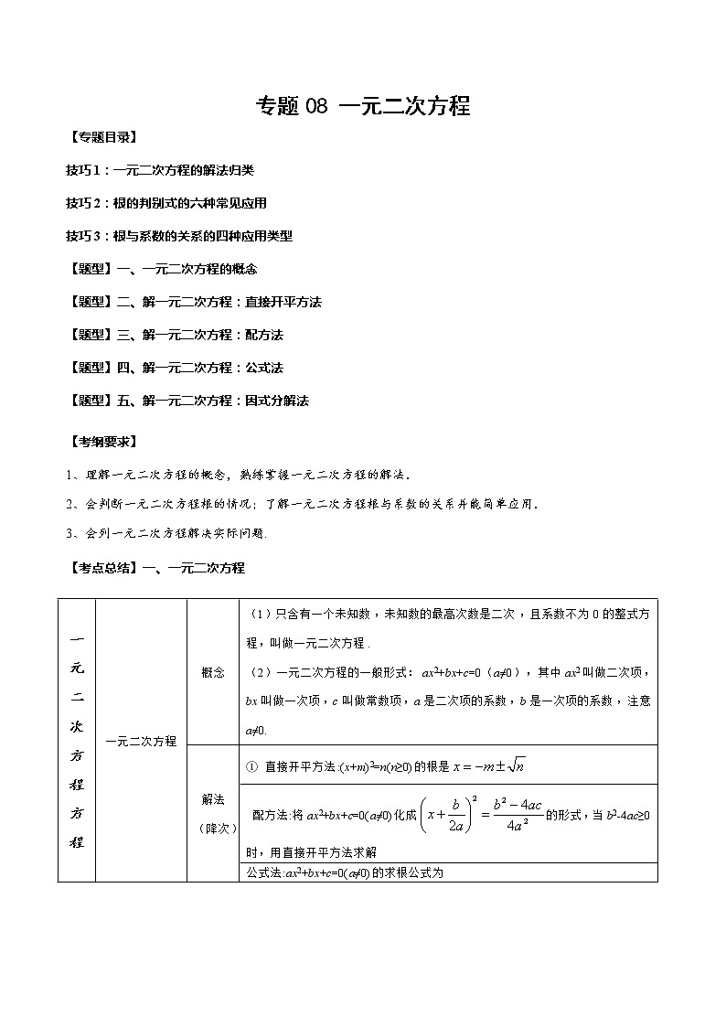 2023年中考数学一轮复习考点归纳与分层精练08 一元二次方程第1页