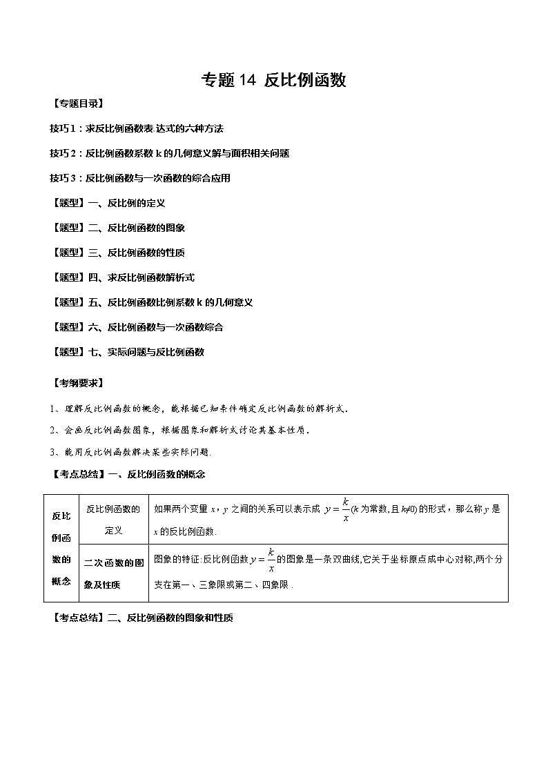 2023年中考数学一轮复习考点归纳与分层精练14 反比例函数第1页