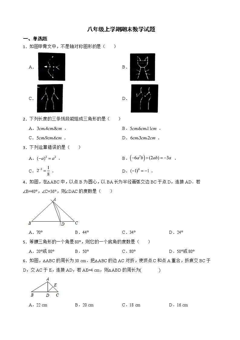 吉林省吉林市舒兰市2022年八年级上学期期末数学试卷及答案01