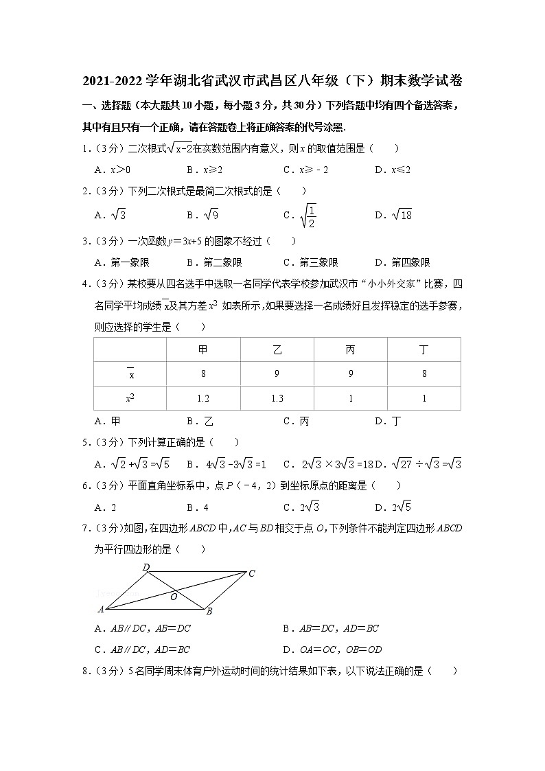 2021-2022学年湖北省武汉市武昌区八年级（下）期末数学试卷01