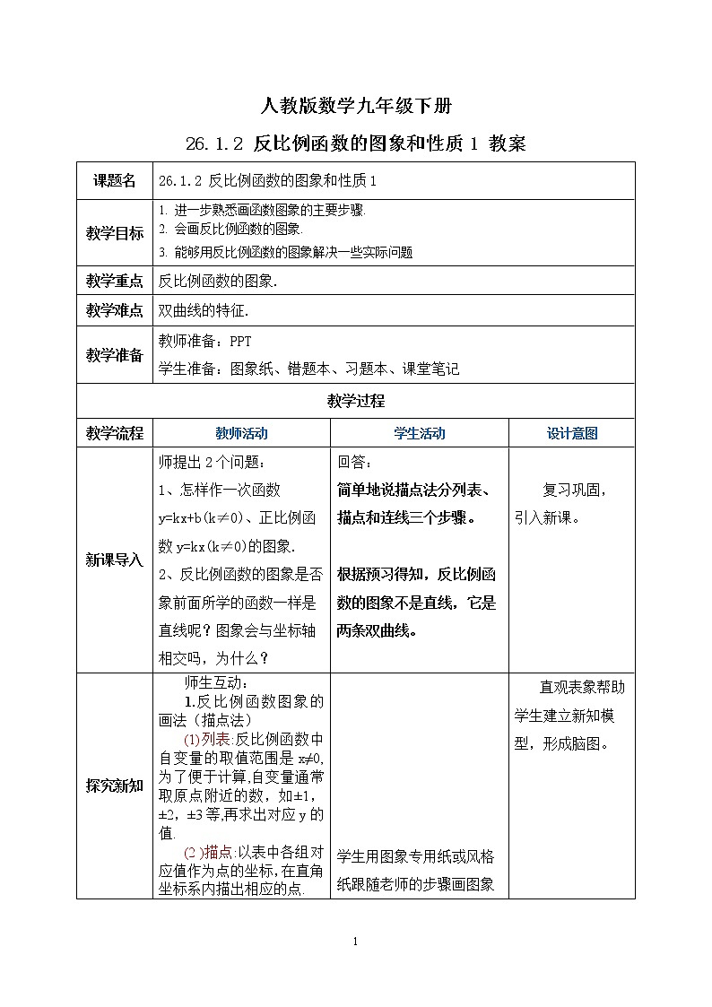 【原创精品】人教版数学九年级下册 26.1.2.1 《反比例函数的图象和性质1》 （课件+教案+练习）01