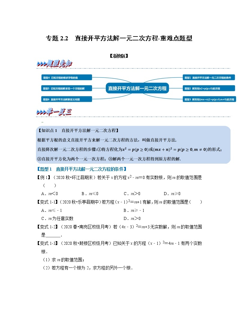 专题2.2 直接开平方法解一元二次方程-重难点题型（举一反三）（浙教版）01