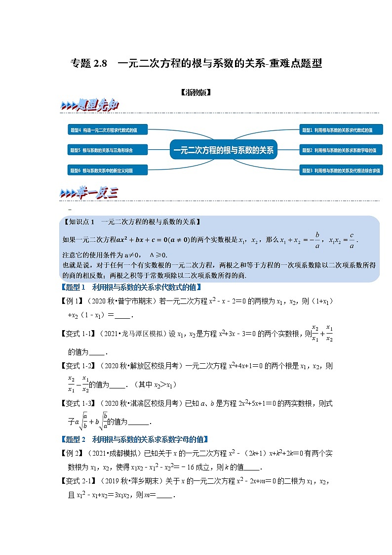 专题2.8 一元二次方程的根与系数关系-重难点题型（举一反三）（浙教版）（原卷版）第1页