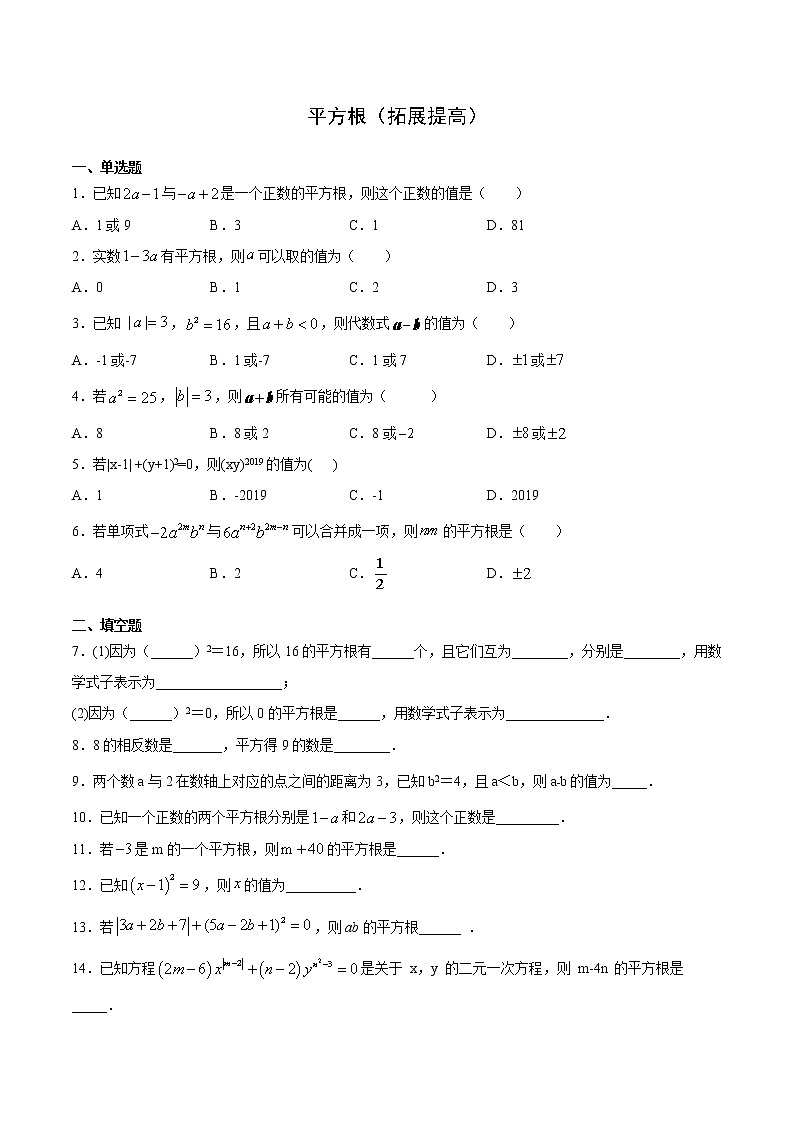 11.1.1平方根（拓展提高）- 八年级数学上册拔尖题精选精练（华东师大版）01