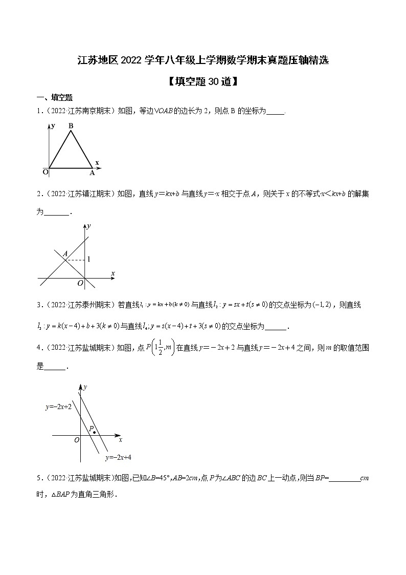 江苏地区2022学年八年级上学期数学期末真题压轴精选——填空题30道01