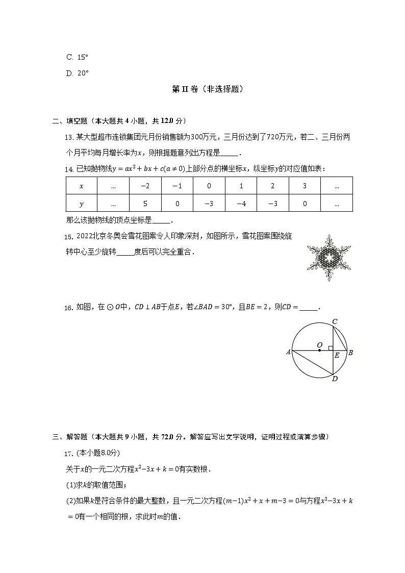 人教版初中数学九年级上册期末测试卷(较易 )(含答案解析)03