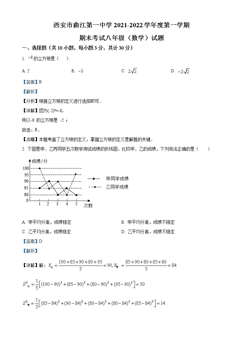 精品解析：陕西省西安市曲江第一中学2021-2022学年八年级上学期期末考试数学试题01
