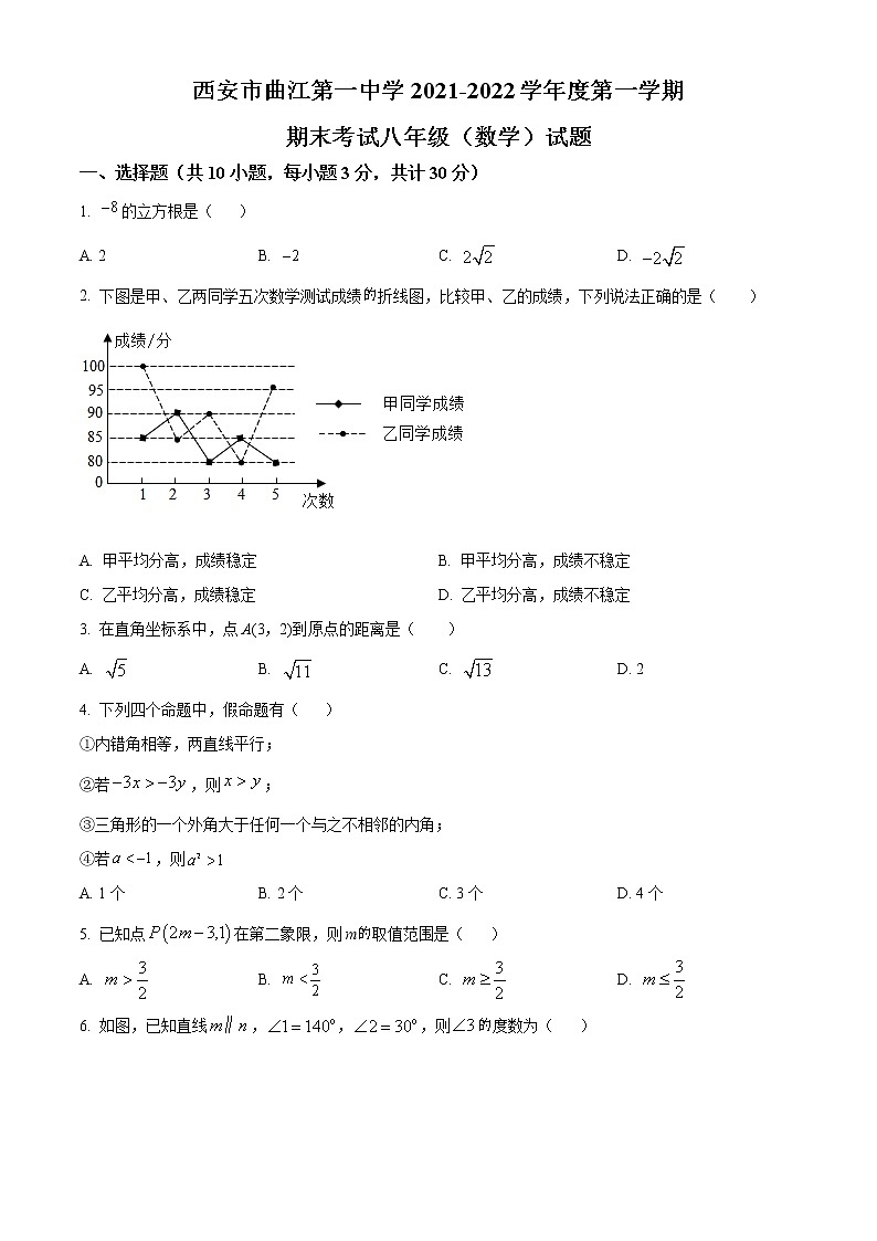 精品解析：陕西省西安市曲江第一中学2021-2022学年八年级上学期期末考试数学试题01