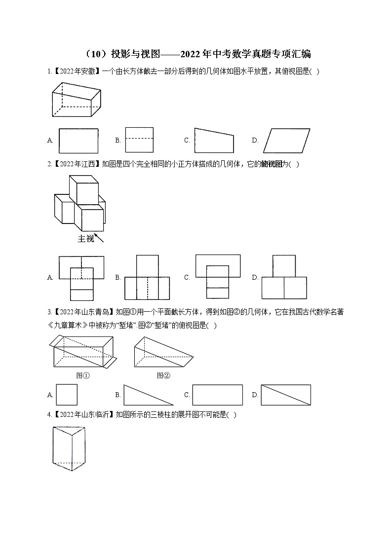 （10）投影与视图——2022年中考数学真题专项汇编(含答案)第1页