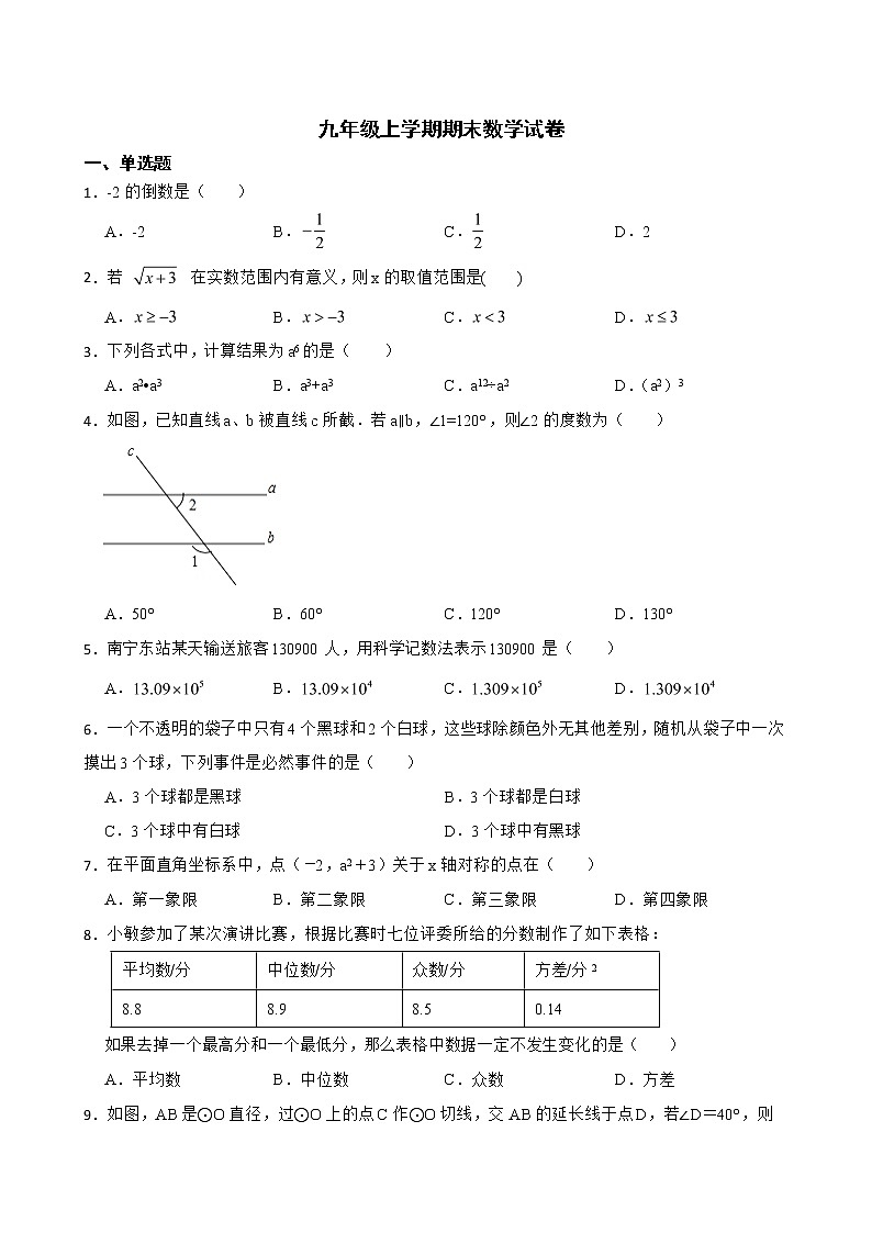 广西壮族自治区玉林市博白县2022年九年级上学期期末数学试卷及答案第1页