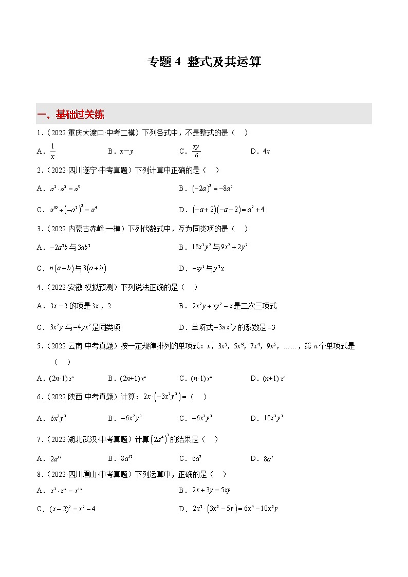 2022-2023学年中考数学专项练习（基础+提优+答案解析）4 整式及其运算第1页