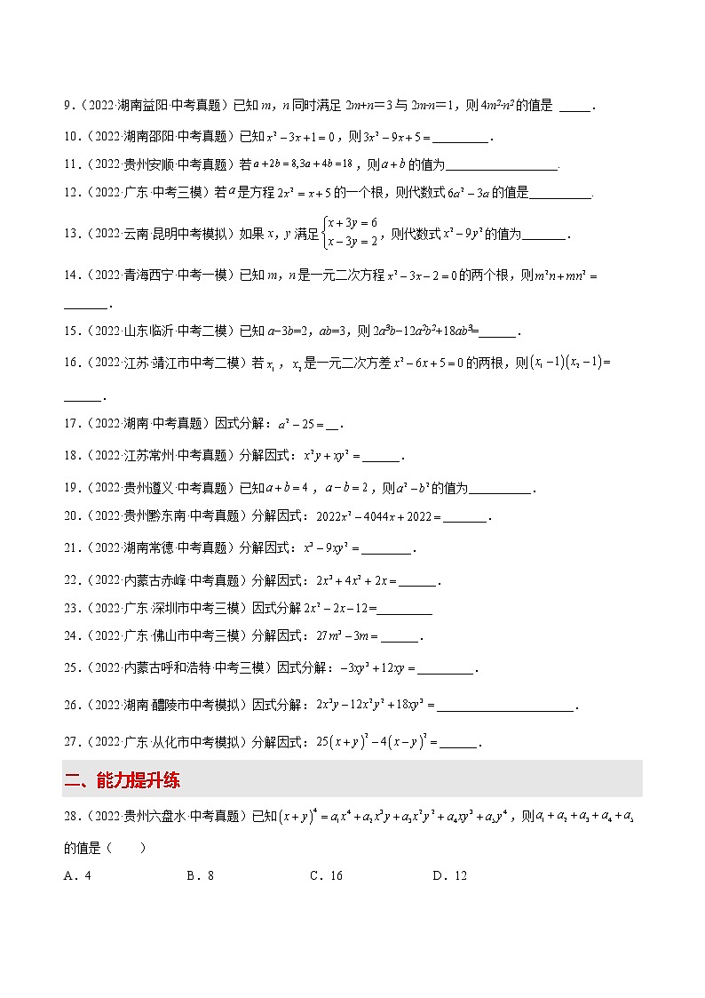 2022-2023学年中考数学专项练习（基础+提优+答案解析）5 代数式求值与因式分解第2页