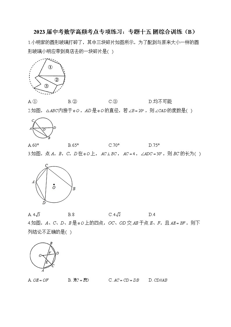 2023届中考数学高频考点专项练习：专题十五 圆综合训练（B）第1页