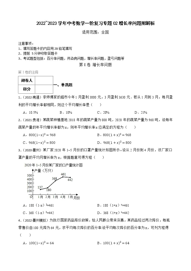 2022~2023学年中考数学一轮复习专题02增长率问题附解析01