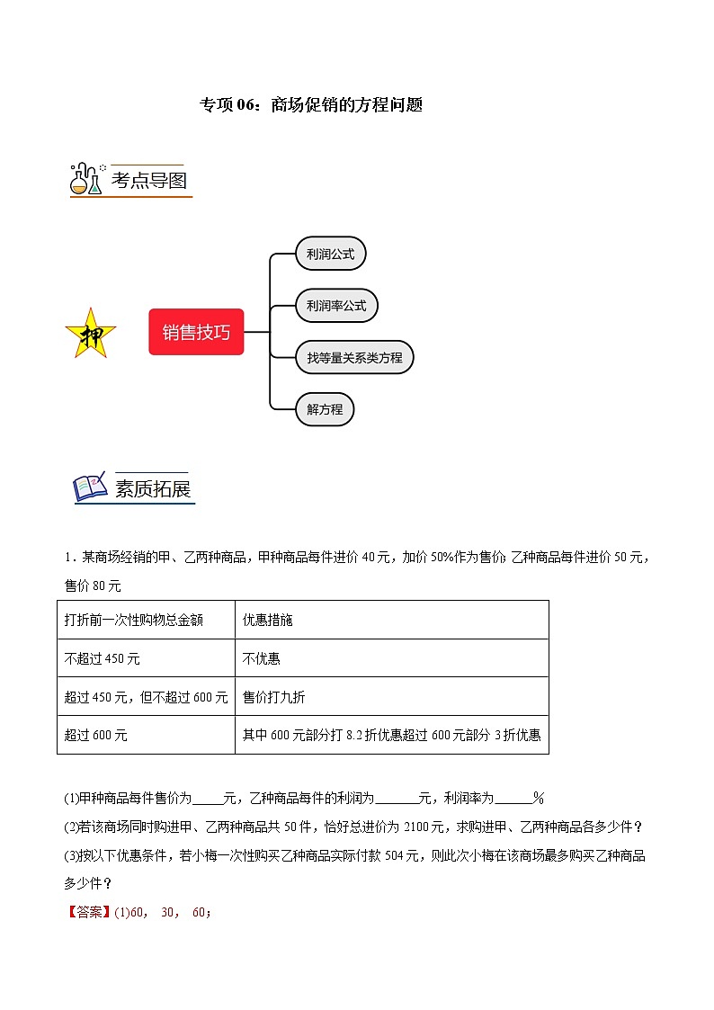 【期末满分冲刺】人教版数学七年级上册-专项06《商场促销的方程问题》期末重难点突破01