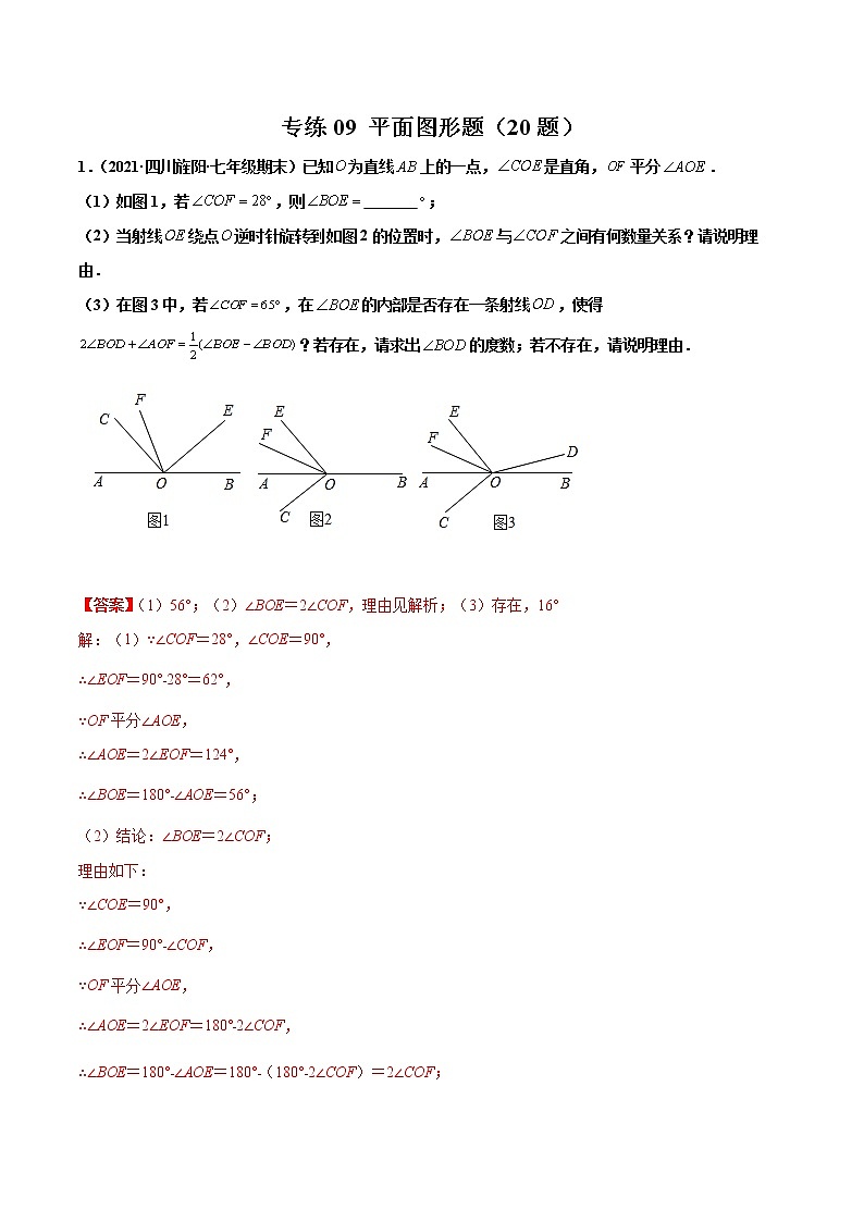 【期末题型专练】2022-2023学年 苏科版数学 七年级上学期 期末必刷200题-专练09 平面图形题（20题）01