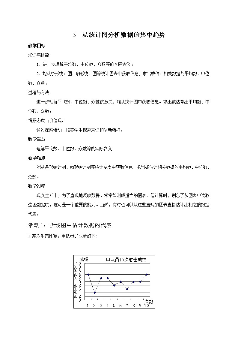 北师大版数学八年级上册 6 3 从统计图分析数据的集中趋势  教案第1页