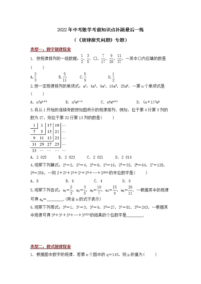 2022年中考数学考前知识点补漏最后一练   规律探究问题 专题第1页