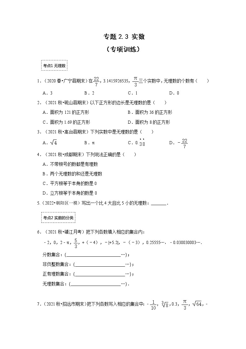 专题2.3 实数（专项训练）-2022-2023学年八年级数学上册《同步考点解读•专题训练》（北师大版）第1页