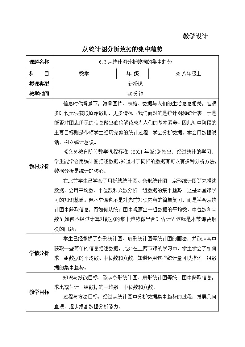 八年级数学北师大版上册 6.3  从统计图分析数据的集中趋势   教案3第1页