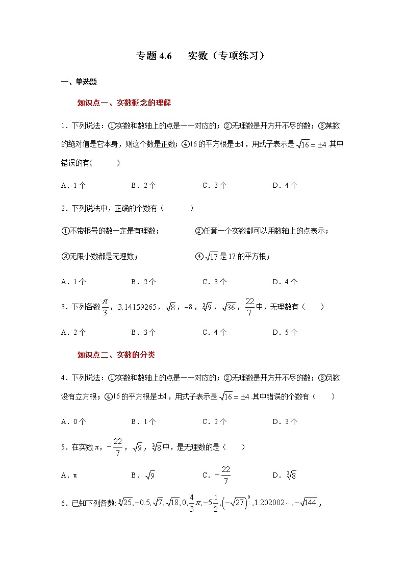 专题4.6 实数（专项练习）-八年级数学上册基础知识专项讲练（苏科版）01
