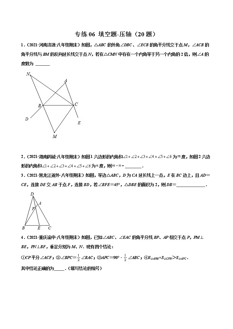 【期末考前必练】2022-2023学年人教版数学八年级上册期末考点必刷题：专练06 填空题-压轴（20题）01