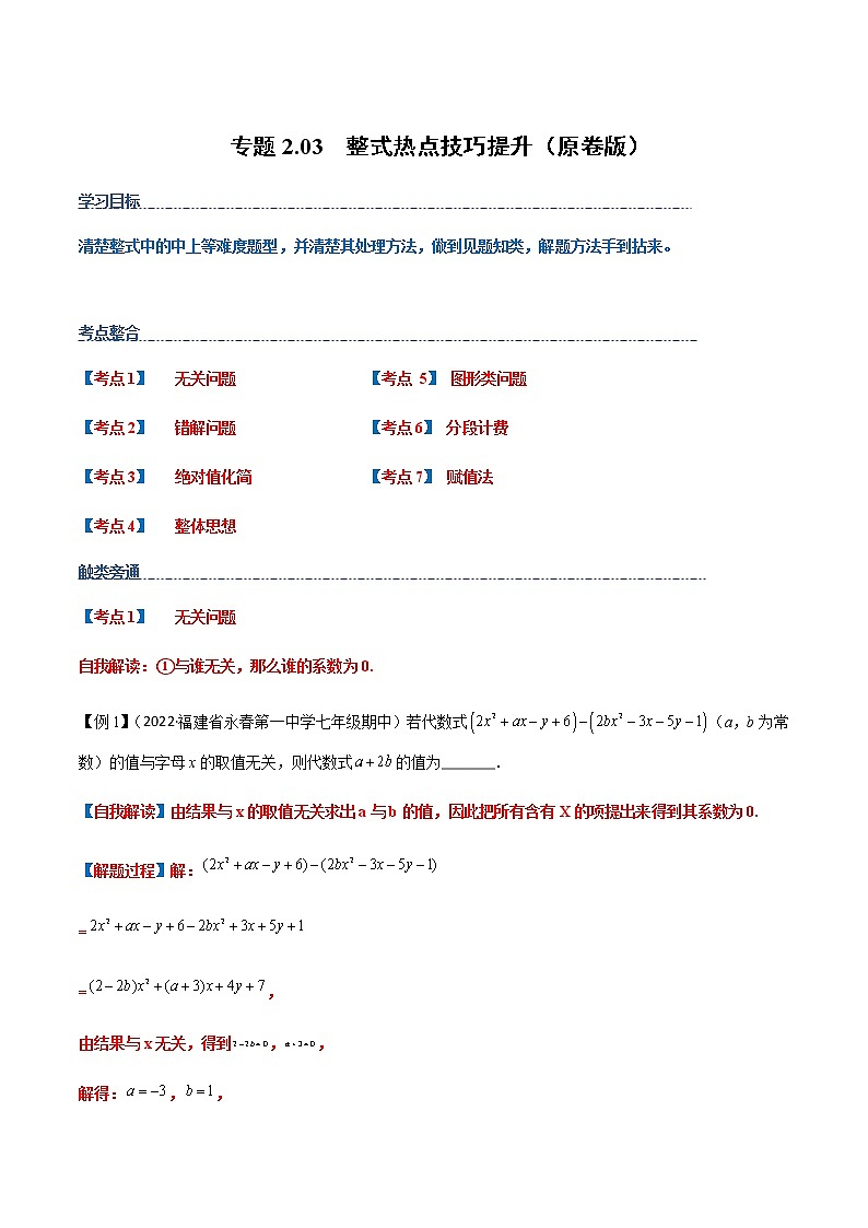 【期末知识专练】人教版数学七年级上学期 期末备考-专题2.03：整式 热点技巧01