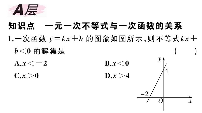 北师大版八年级数学下第二章一元一次不等式与一元一次不等式组2.5 第1课时  一元一次不等式与一次函数的关系课后习题课件02